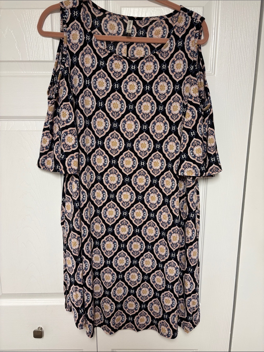 Emerald Navy Patterned Cold-Shoulder Midi Dress